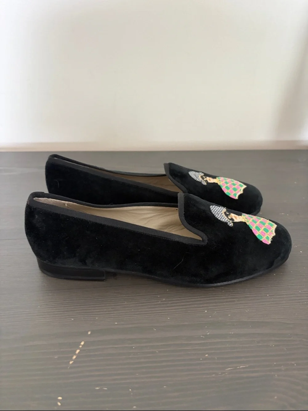 Stubbs & Wootton Black Velvet Loafers Embroidered‎ Masked Harlequin Flats Size 7